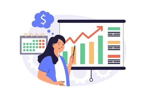 Business analytics web concept with flat cartoon people for website design. 스톡 일러스트