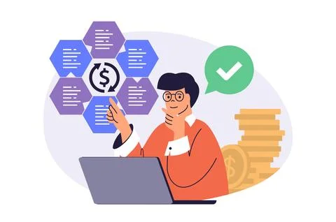 Business analytics web concept with flat cartoon people for website design. Illustrazione stock