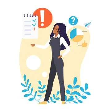Business and analytical thinking, data analysis from female character Illustrazione stock