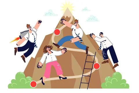 Business and career competition between people striving to reach top of mountain Stock Illustration