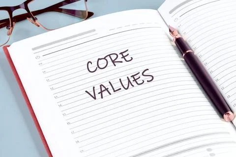 Business and core values concept in the notebook of a businessman, manager, t Stockfoto's