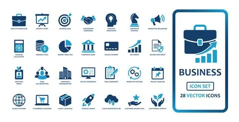 Business and corporate solid icon set. Featuring briefcase, financial growt.. Stock-Illustration