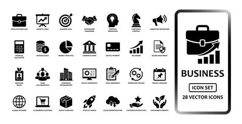 Business and corporate strategy solid icon set containing icons for briefca.. Stock-Illustration