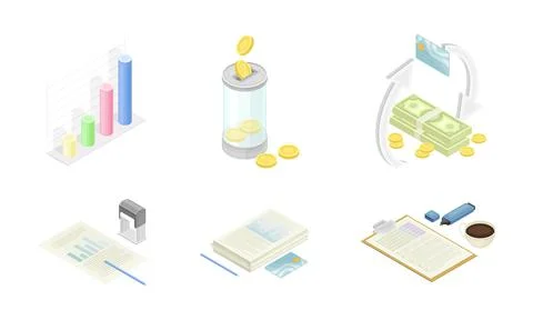 Business and finance objects set. Financial analysis, planning and strategy Stock Illustration