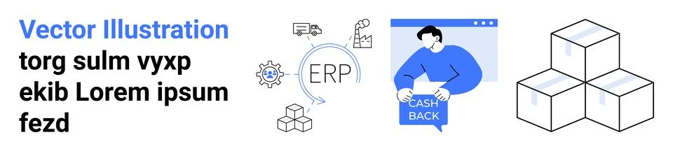 Business and Logistics Vector Graphics with ERP, Cashback, and Box Diagrams Illustrazione stock