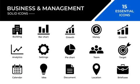Business and management solid icon set for corporate digital interface design Stock Illustration