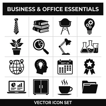 Business and office essentials vector icon set including tie, books, chair,.. Stock Illustration