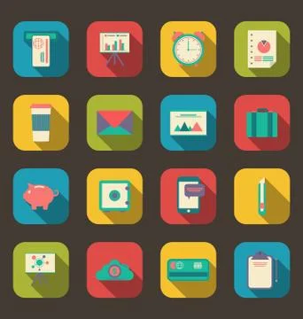 Business and office objects, flat icons with long shadows Stock Illustration