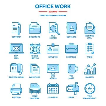 Business and office work. Documents, paperwork. Businessman. Thin line blue web Stock Illustration