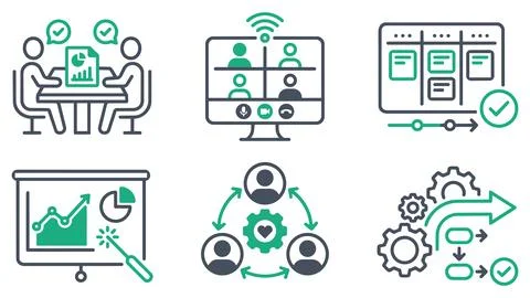 Business and project management workflow line icon set with business, manag.. Stock Illustration