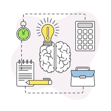 Business and Start-up Development with Brain and Light Bulb Vector Line Stock Illustration