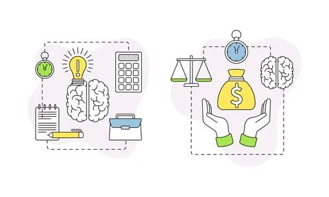 Business and Start-up Development with Brain and Money Vector Line Composition Stock Illustration