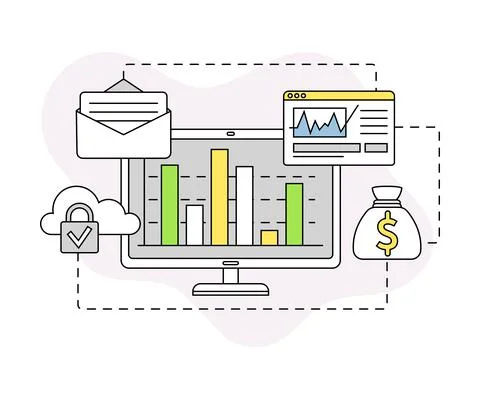 Business and Start-up Development with Computer and Data Server Vector Line Illustrazione stock