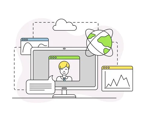 Business and Start-up Development with Computer and Globe Vector Line 스톡 일러스트