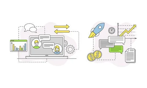 Business and Start-up Development with Computer and Chart Vector Line 스톡 일러스트