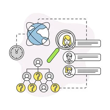 Business and Start-up Development with Employee Searching and Globe Vector Line Illustrazione stock