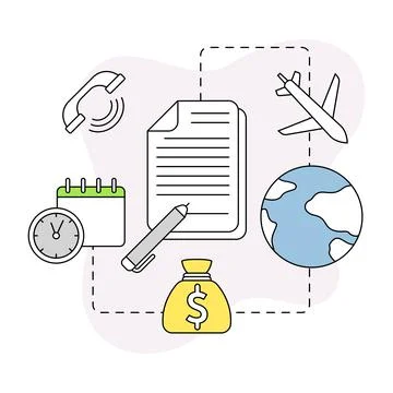 Business and Start-up Development with Globe and Documents Vector Line Stock Illustration