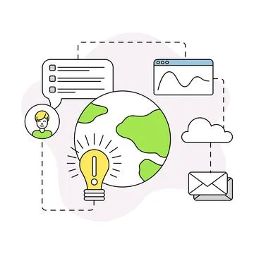 Business and Start-up Development with Light Bulb and Globe Vector Line Stock Illustration