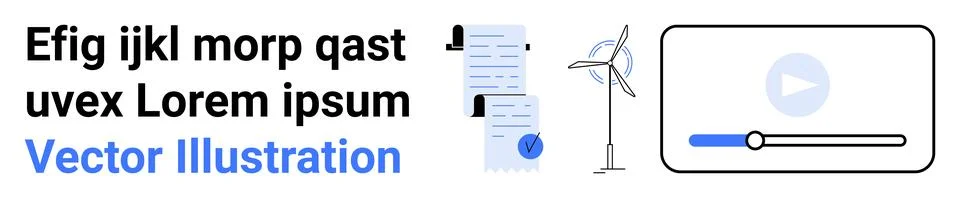 Business and tech elements include wind turbine, checklist, video player, tex Illustrazione stock