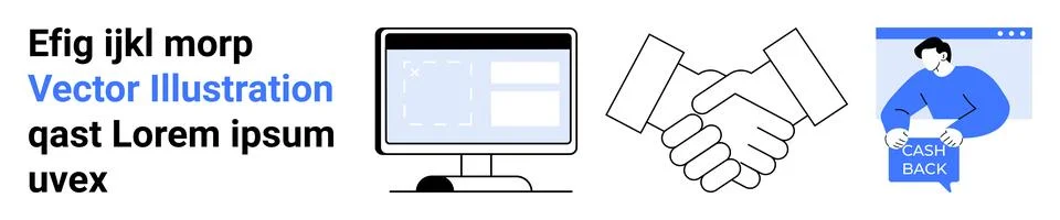 Business and Technology Concept - Computer Monitor, Handshake, Cashback Offer Stock Illustration