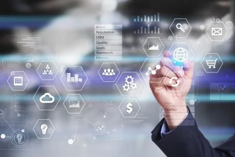 Business and technology concept. Graphs and icons on virtual screen background. 스톡 사진