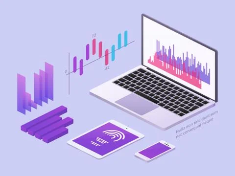 Business app isometric concept. Vector 3d laptop and smartphone with data charts Stock Illustration