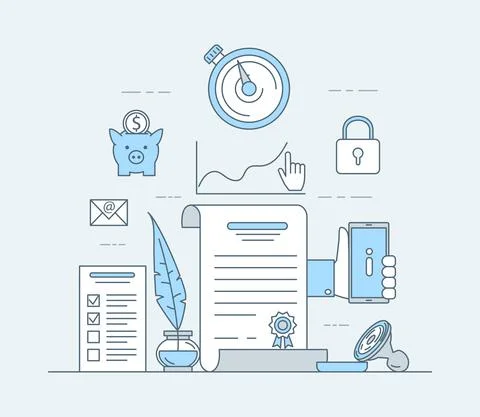 Business application vector cartoon outline illustration. Paper document with Stock Illustration