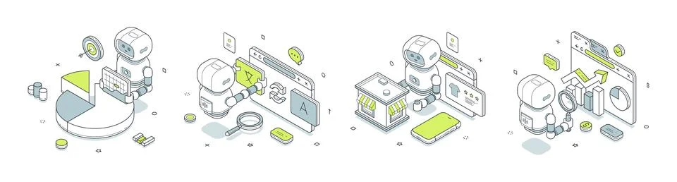 Business automation and data analysis isometric vector illustration. Robot wo Stock Illustration