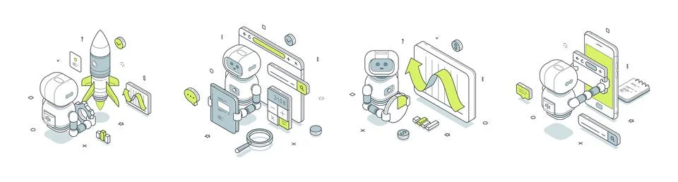 Business automation technology isometric vector illustration. AI robot for st Stock Illustration