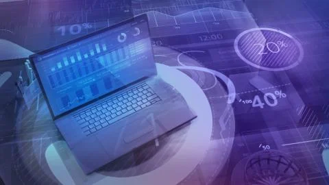 Business background with big data and laptop. 스톡 일러스트