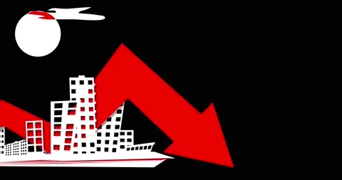 Business background with city silhouette and red arrow graphic pointing down Stock Footage 140191553