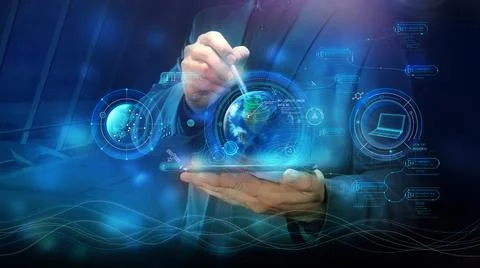 Business background with virtual infographic elements and Earth hologram. 库存插图