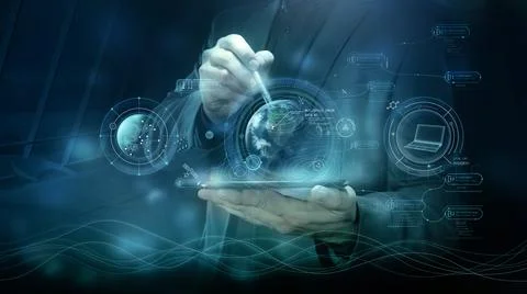 Business background with virtual infographic elements and Earth hologram. Stock Illustration