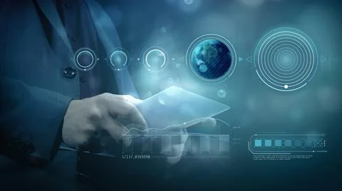 Business background with virtual infographics and Earth hologram. Stockillustratie