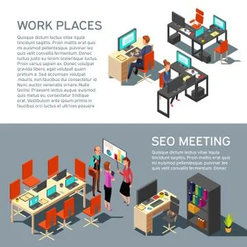Business banners vector design with isometric workplace modern interior and 3d Stock Illustration