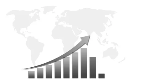 Business bar chart with an upward arrow over a faint world map animation, M.. Stock Footage 337880855