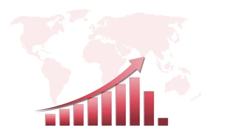 Business bar chart with an upward arrow over a faint world map animation, M.. Stock Footage 337880924