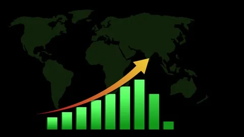 Business bar chart with an upward arrow over a faint world map animation, M.. Stock Footage 337880940