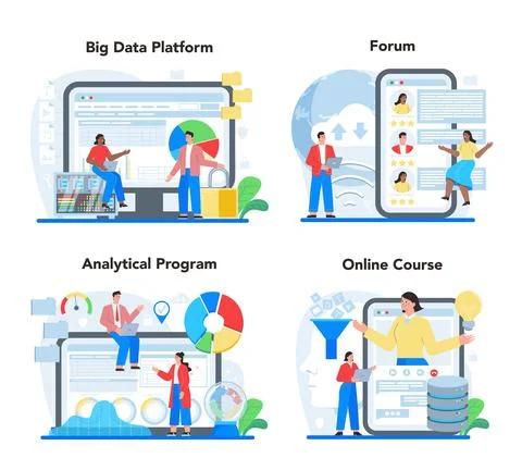 Business big data analytics online service or platform set. Chart and graph Stock Illustration
