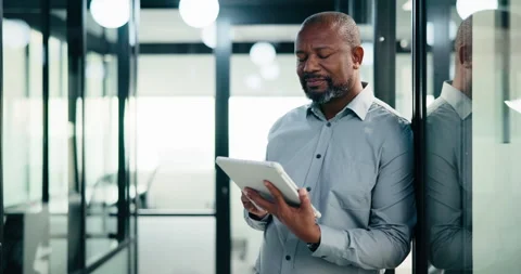 Business, black man and thinking with tablet at work for insurance review, risk Stock Footage 335453293