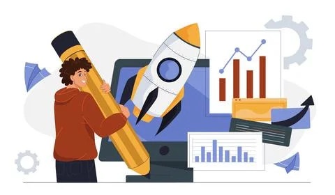 Business boost concept. Man with large pencil near computer and rocket. Start up Stock Illustration