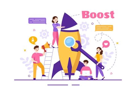 Business Boost Vector Illustration with Digital Marketing Rocket Company Ca.. Illustrazione stock