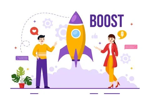 Business Boost Vector Illustration with Digital Marketing Rocket Company Ca.. Illustrazione stock