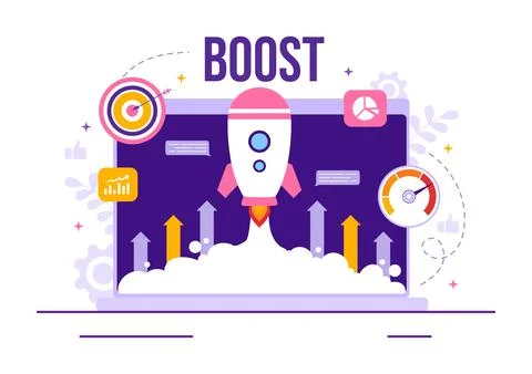 Business Boost Vector Illustration with Digital Marketing Rocket Company Ca.. Illustrazione stock