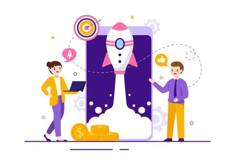 Business Boost Vector Illustration with Digital Marketing Rocket Company Ca.. Illustrazione stock