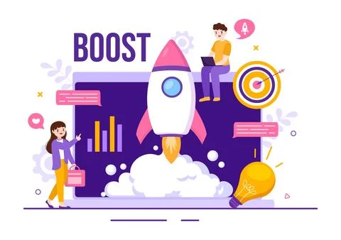 Business Boost Vector Illustration with Digital Marketing Rocket Company Ca.. Illustrazione stock