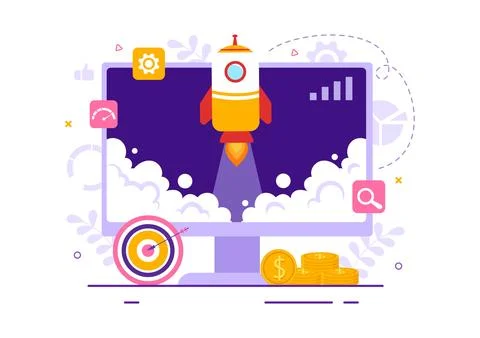 Business Boost Vector Illustration with Digital Marketing Rocket Company Ca.. Illustrazione stock