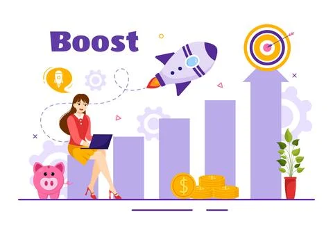 Business Boost Vector Illustration with Digital Marketing Rocket Company Ca.. Illustrazione stock