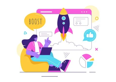 Business Boost Vector Illustration with a Digital Marketing Rocket, Company.. Illustrazione stock
