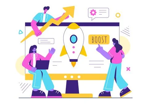 Business Boost Vector Illustration with a Digital Marketing Rocket, Company.. Illustrazione stock
